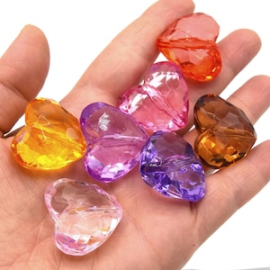 Lot de 4 grosses perles en acrylique transparentes, cœur, couleur mixte ~ 25 mm