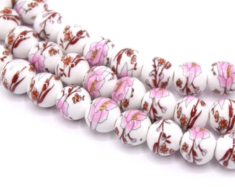 Pink flowered round ceramic beads 10mm - Lot of 5/10 units