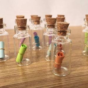 May include: A collection of small glass bottles with cork stoppers, each containing a rolled up piece of paper. The bottles are clear and the paper is in various colors.