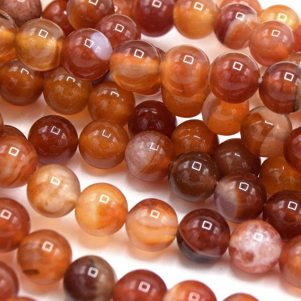 Perles agates rayées rondes 6mm/8mm orange rouge  par lot de 20/48 unités