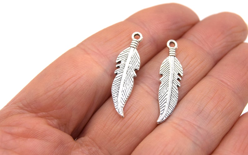 Shiny Silver Feather Charms 27x6mm Lot of 20/50 units B02 image 4