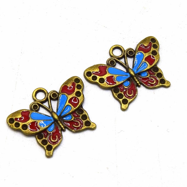 x2 pendentifs charm papillon  bronze émaillé bleu et rouge 25mm, breloque pour bijoux - B63