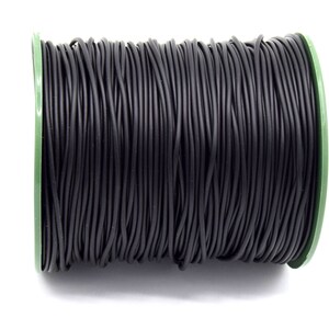 May include: A spool of black elastic cord wound around a green plastic spool.