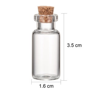 May include: A clear glass bottle with a cork stopper. The bottle is 3.5 cm tall and 1.6 cm wide.