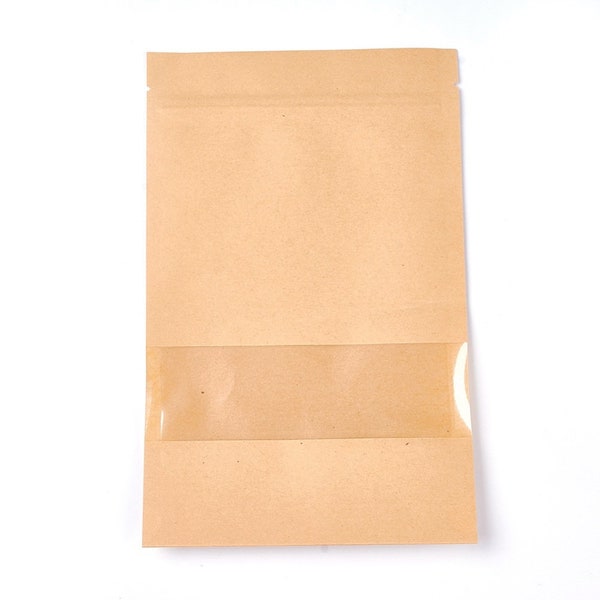 Sacs en papier kraft plastifié refermables, avec fenêtre, couleur kraft 22x13.95 cm - 10 unités