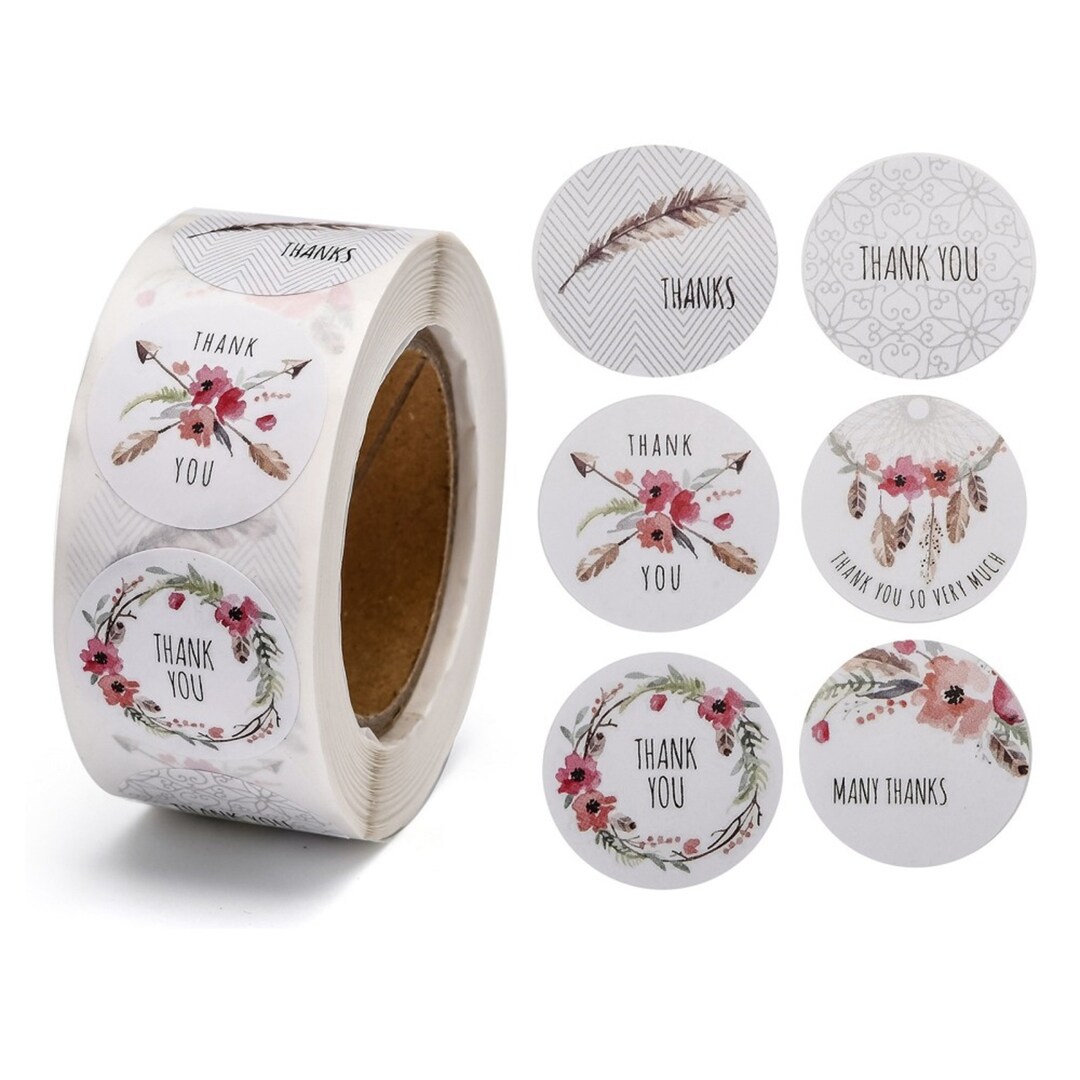 500 Round Self-adhesive Labels Thank You Flowers and Feather, Gift ...