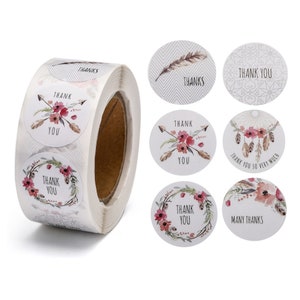 500 Etiquettes autocollantes rondes merci fleurs et plume, préparation paquet cadeau, emballage cadeau, sachet mariage