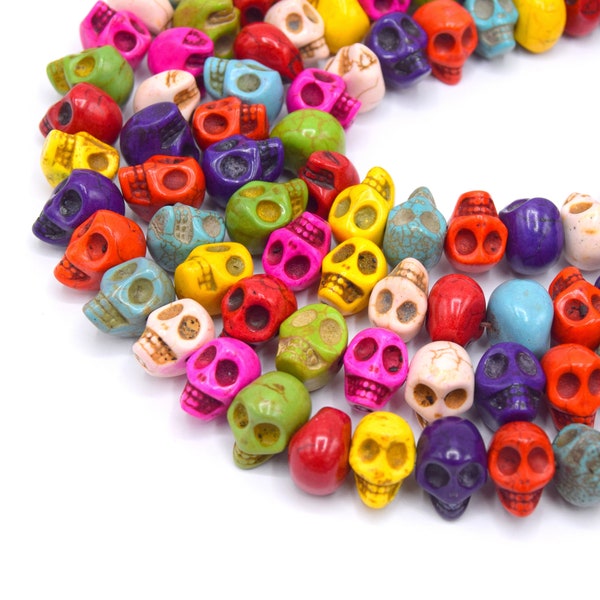 Perles en turquoise synthétique, Halloween, crane, colorées, 13mm - Lot de 20/40 unités