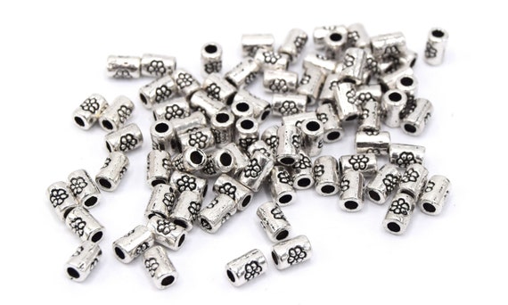 Set of Antique Silver Flower Tube Beads 40/80/100 Units