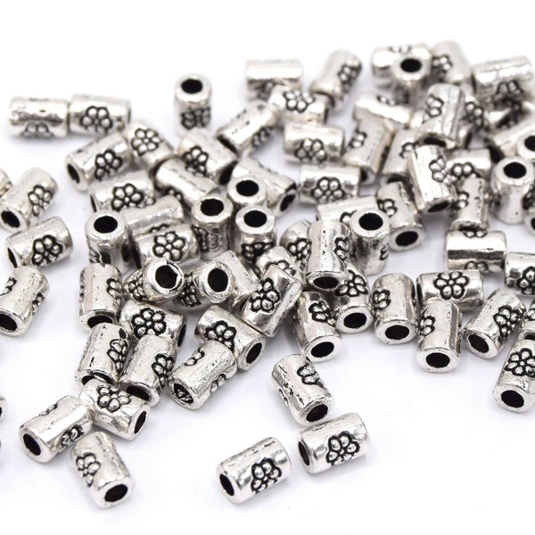 Set of antique silver flower tube beads 3.5mm 40/80/100 units