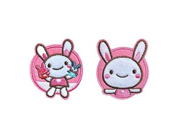 x2 Ecussons lapin patchs thermocollant Tissu de broderie rose