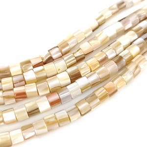 Può includere: Un filo di perline quadrate di conchiglia in varie tonalità di crema, beige e marrone. Le perline hanno una lucentezza naturale e iridescente.