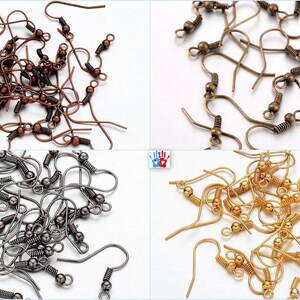 May include: Assortment of earring hooks in four colors: copper, bronze, silver, and gold. The hooks are made of metal and have a spring-loaded closure.