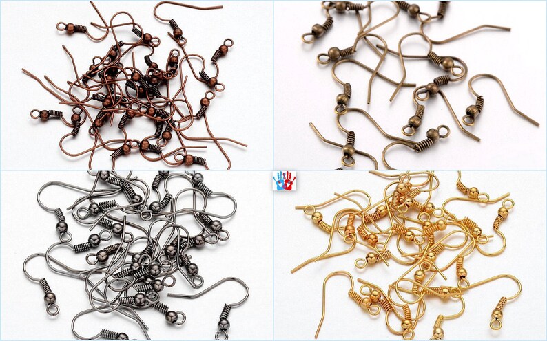 May include: Assortment of earring hooks in four colors: copper, bronze, silver, and gold. The hooks are made of metal and have a spring-loaded closure.