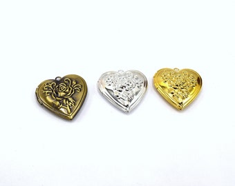 x1 Brass medallion pendant, heart with rose for photo - 3 colors