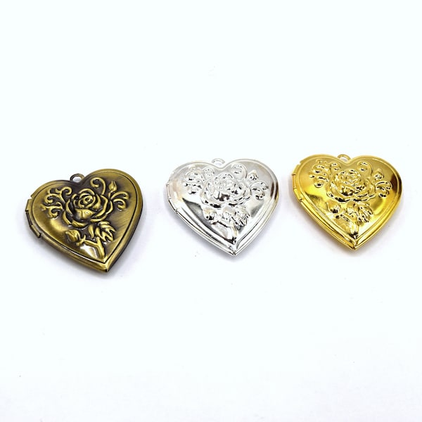 x1 Pendentif médaillon en laiton, coeur avec rose pour photo - 3 couleurs