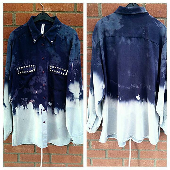 Acid Wash Bleach Dip Dye Blue Purple White Shirt Medium 12 Buttons Distressed Punk Nu Goth Grunge Boyfriend Blouse Recycled Silver Studs