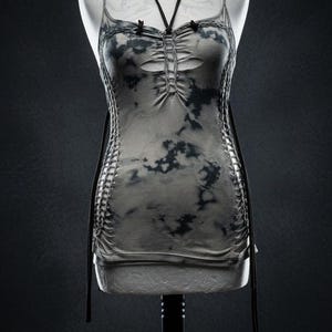 Hand Cut Grey Tie Dye Halter Top | Deconstructed Goth Corset Crop | Upcycled Slitweave