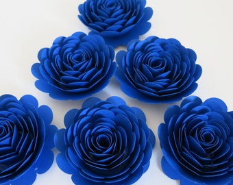 Royal Blue Paper Flowers, Wedding Decorations, Set of 6 Cardstock Roses for Baby Shower Centerpiece, 3 Inch Dimensional Floral Wall Decor