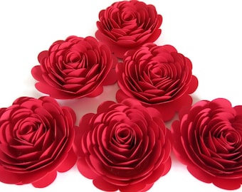 Bright Red Paper Roses - Set of 6 - Handmade Table Centerpieces