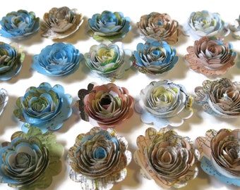 Geschulpte wereld Atlas kaart papieren bloemen set, kleine 1,5 inch rozen, reizen thema bruids douche decor boutonniere op stengels magneten muur sticker