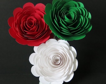 Pizzeria Table Centerpiece, 3 Inch Roses on Stems, Red White Green Paper Flowers Set of 3, Italian Restaurant Decor, Pizza Shop Floral Decor