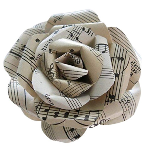 Vintage Sheet Music Paper Rose on Stem, Sculpted Flower, Black & aged White Large 4" Single Bloom, Music Theme Party Decor Band Teacher Gift