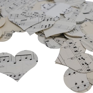Vintage muziek harten confetti, muziekthemafeest, bruiloft tafelstrooisel, liedboekpagina's confetti decoratie gestanst uitgesneden vormen