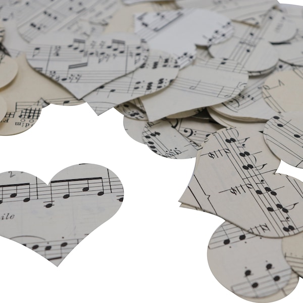 Vintage Music Hearts Confetti, Music Theme Party, Wedding Table Scatter, Song Book Pages Confetti Decoration Die Cut Out Shapes