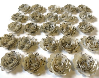 Scalloped Sheet Music Paper Flowers, 1.5 Inch Music Roses, Set of 24 Loose, Wedding Decorations