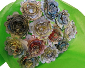 Scalloped USA Road Map Roses on Stems, 1.5 Inch Map Paper Flowers Bouquet, Travel Theme Baby Shower Decor