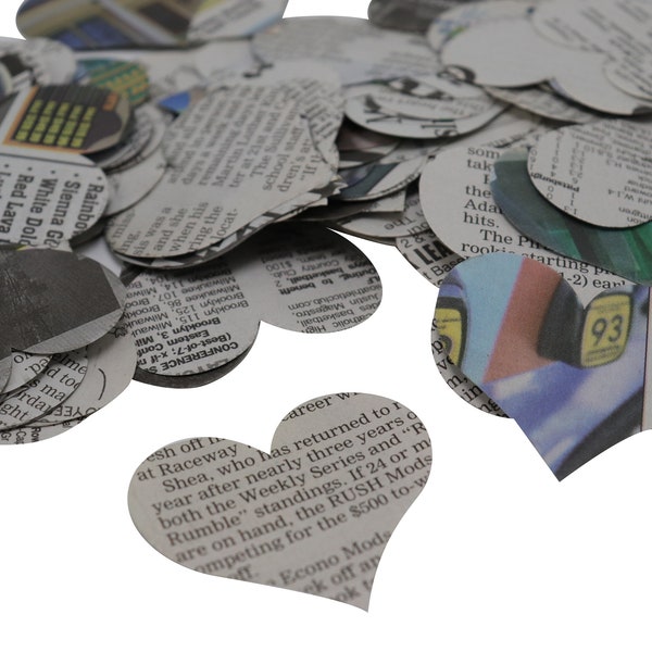 Newspaper Heart Confetti, Recycled News Paper, Party Decorations, Literary Theme, Wedding Table Scatter 2 Inch Die Cut Heart Shapes