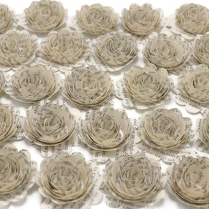 Scalloped Book Page Flowers 1.5 Inch Roses, Vintage Literary Theme Wedding 24 Piece Set