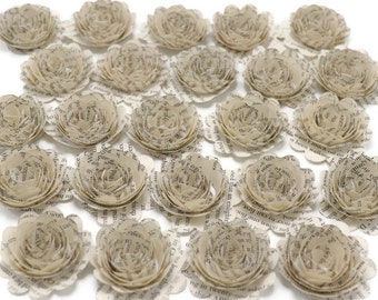 Geschulpte boekpaginabloemen 1,5 inch rozen, vintage literair thema bruiloft 24-delige set