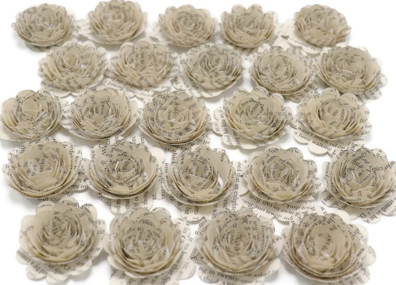 Scalloped Book Page Flowers 1.5 Inch Roses, Vintage Literary Theme Wedding 24 Piece Set