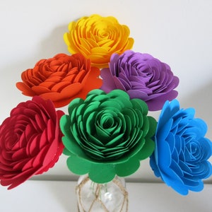 Rainbow Scalloped Roses Bouquet, Set of 6 Stemmed Paper Flowers, 3 Inch Blooms, LGBT Pride Wedding Centerpiece Floral Arrangement Decor image 1