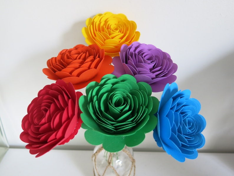 Rainbow Scalloped Roses Bouquet, Set of 6 Stemmed Paper Flowers, 3 Inch Blooms, LGBT Pride Wedding Centerpiece Floral Arrangement Decor image 1