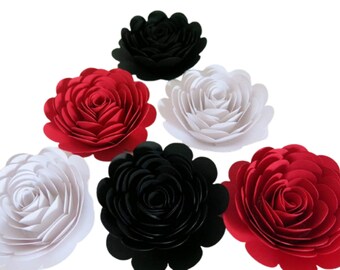 Black, Red & White Paper Roses, 3" Paper Flowers, Set of 6 Wedding Flowers, Bridal Shower Decor, Mad Hatter Theme Tea Party Decorations