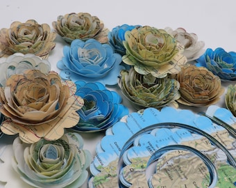 DIY Precut & Unrolled World Atlas Map Paper Flower Craft Kit - Make 1.5- 2 Inch Small Roses  Perfect Size for Graduation Cap Decorations