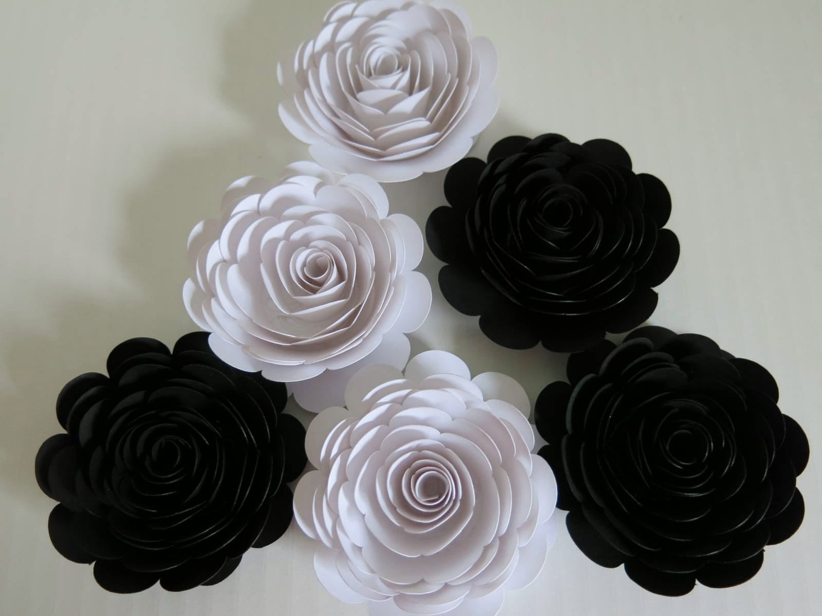 Set of 6 Black and White Paper Flowers 3 Inch Roses Classic Wedding Centerpiece Tea Party Theme Birthday Decor
