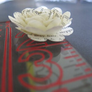 Peut inclure: Une fleur en papier blanche avec du texte imprim&eacute; sur les p&eacute;tales. La fleur est pos&eacute;e sur une r&egrave;gle en plastique transparente avec des marques rouges.