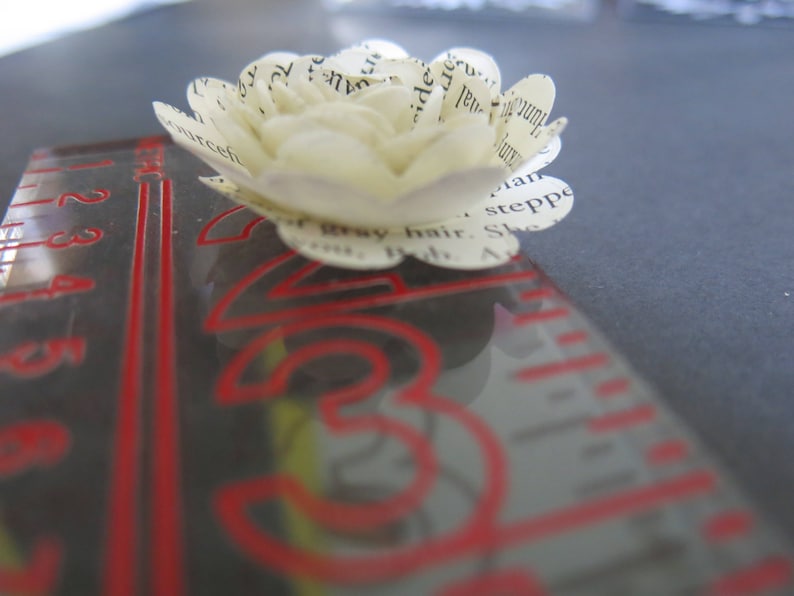Peut inclure: Une fleur en papier blanche avec du texte imprim&eacute; sur les p&eacute;tales. La fleur est pos&eacute;e sur une r&egrave;gle en plastique transparente avec des marques rouges.