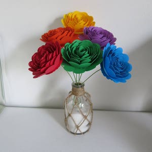 Rainbow Scalloped Roses Bouquet, Set of 6 Stemmed Paper Flowers, 3 Inch Blooms, LGBT Pride Wedding Centerpiece Floral Arrangement Decor image 3