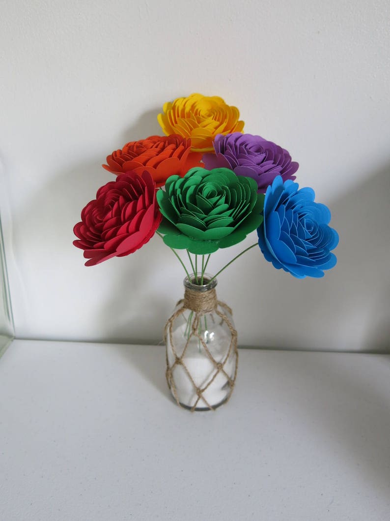 Rainbow Scalloped Roses Bouquet, Set of 6 Stemmed Paper Flowers, 3 Inch Blooms, LGBT Pride Wedding Centerpiece Floral Arrangement Decor image 3