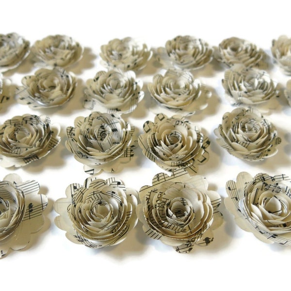 Music Paper Flowers Set, Small 1.5 Inch Roses, Musical Theme Bridal Shower Decor Boutonniere On Stems Magnets Wall Decal