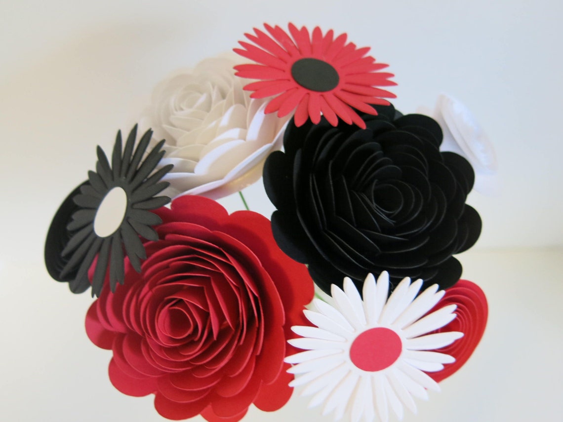 Red Black and White Mixed Paper Flower Bouquet Wedding Floral Etsy