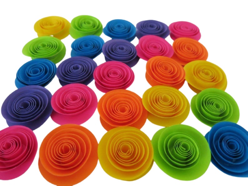 Neon Rainbow Paper Flowers Set of 24, 1.5 Inch Roses, 80s Theme Birthday Party Decorations, Unicorn Theme Kid Event, Black Light Fun image 1