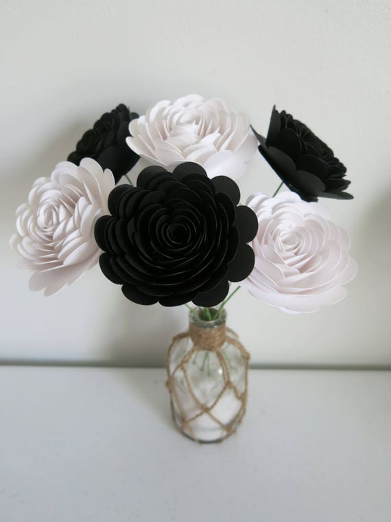 6 Stemmed 3 Paper Flowers Classic Floral Bouquet Black and White Roses
