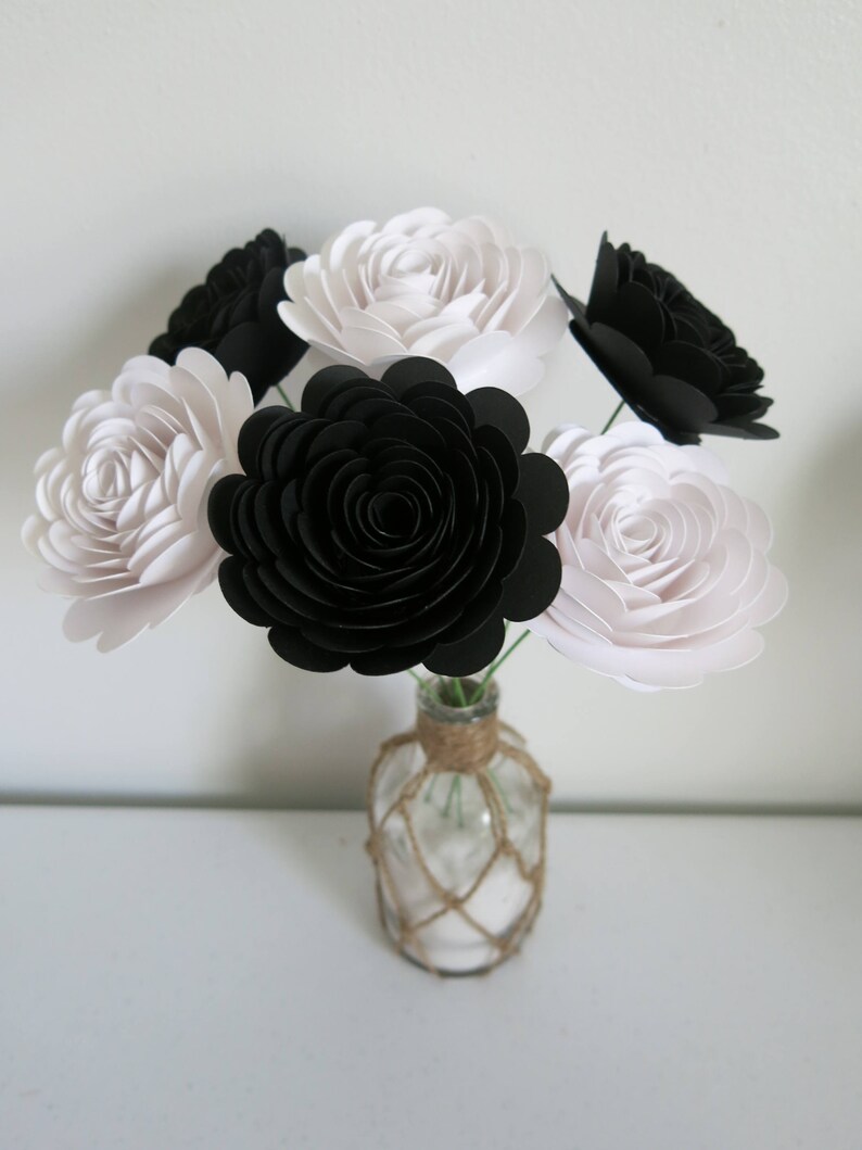 6 Stemmed 3 Paper Flowers Classic Floral Bouquet Black and White Roses