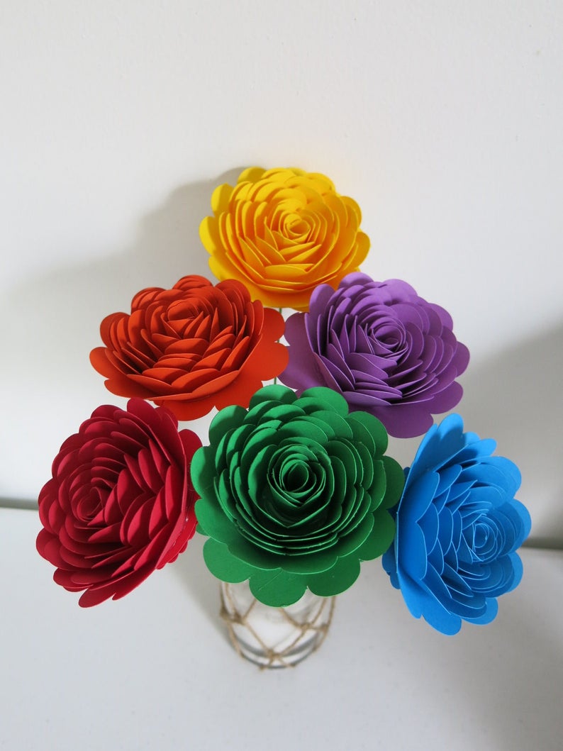 Rainbow Scalloped Roses Bouquet, Set of 6 Stemmed Paper Flowers, 3 Inch Blooms, LGBT Pride Wedding Centerpiece Floral Arrangement Decor image 2